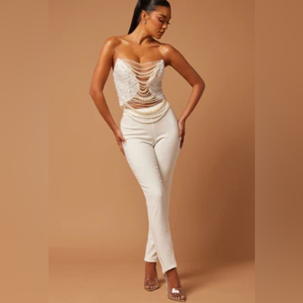 Fashion Nova Lux NWOT Eva embellish pearl pant set - pants only white